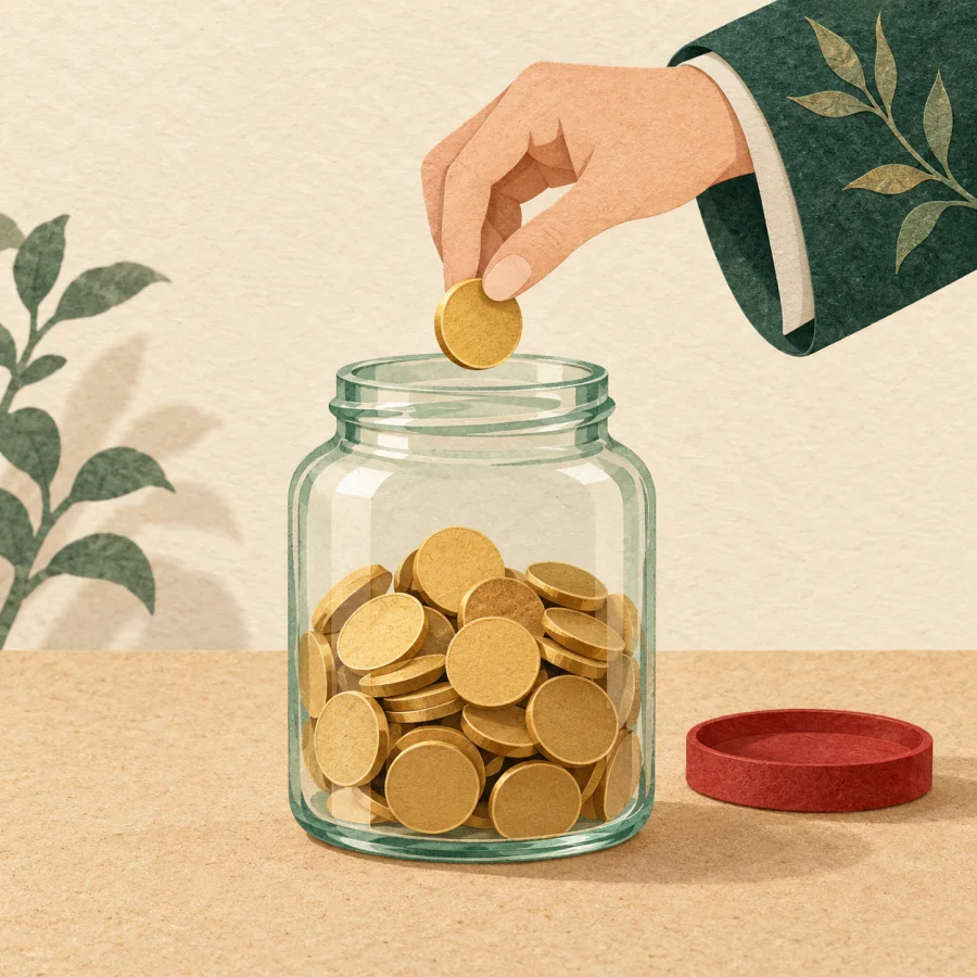 A jar with a growing pile of coins and a hand adding one