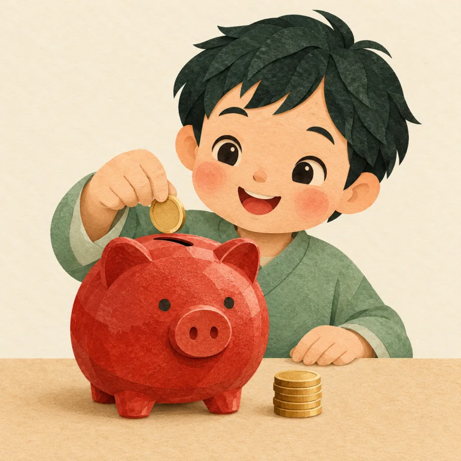 A child dropping a coin into a red piggy bank