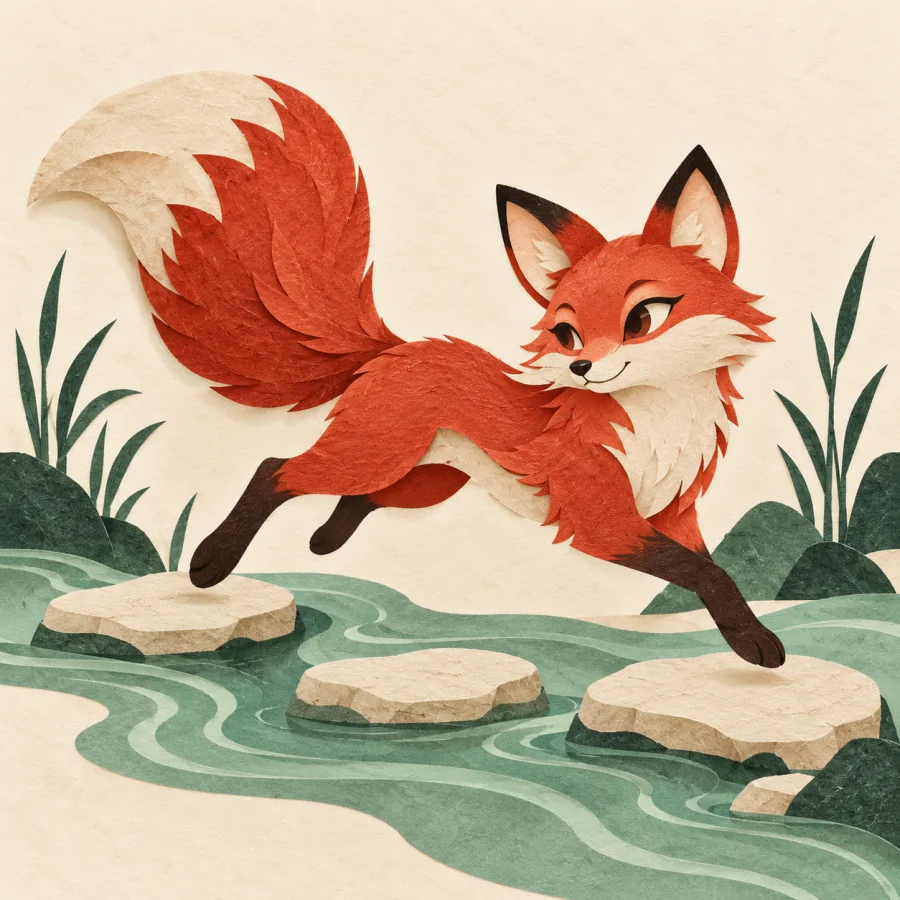 A small fox cleverly crossing a river over stones