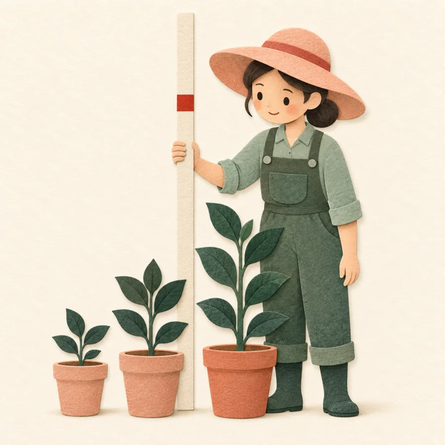 A gardener compares plant heights with a red mark on a pole