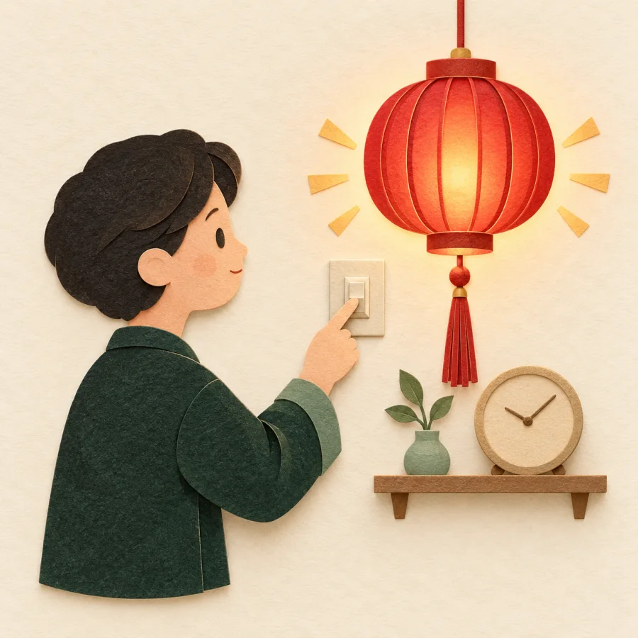 A person flips a switch and a paper lantern lights up at once