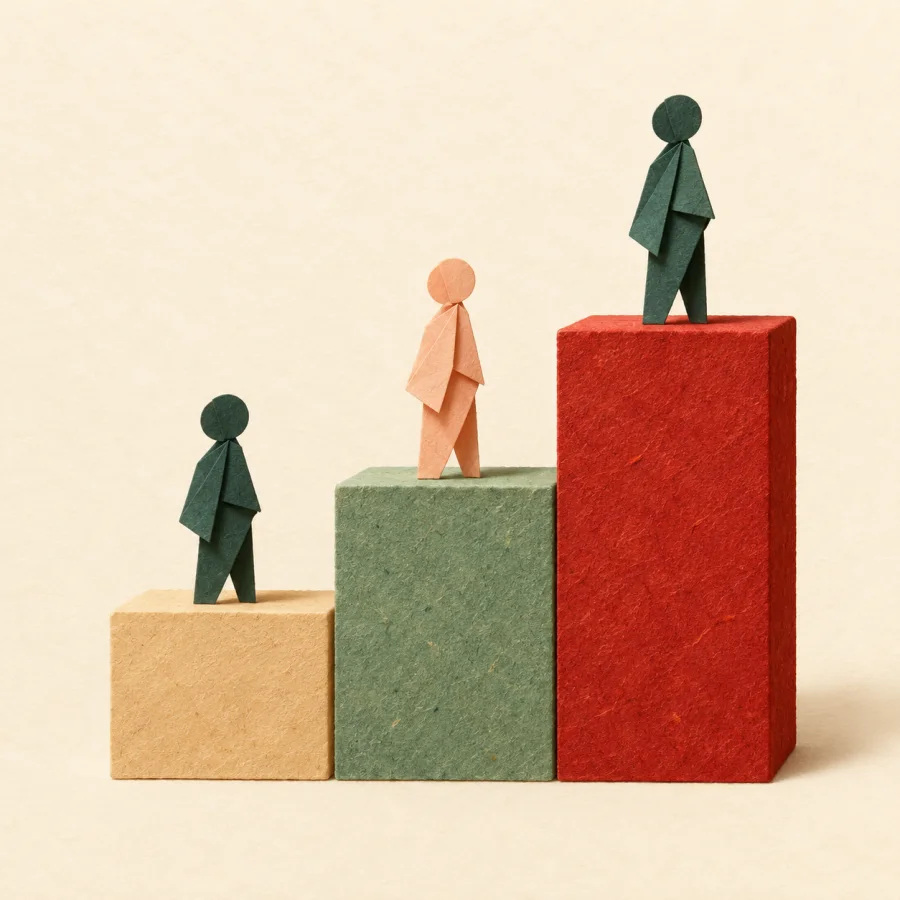 Three steps of different heights, each with a small figure on it