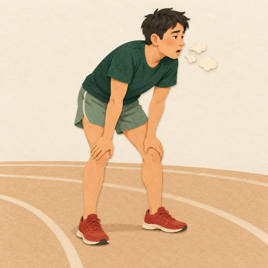 A tired runner bends over, breathing in quick puffs