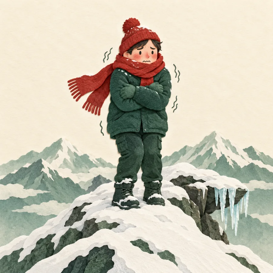 A shivering person in a red scarf stands on a snowy peak