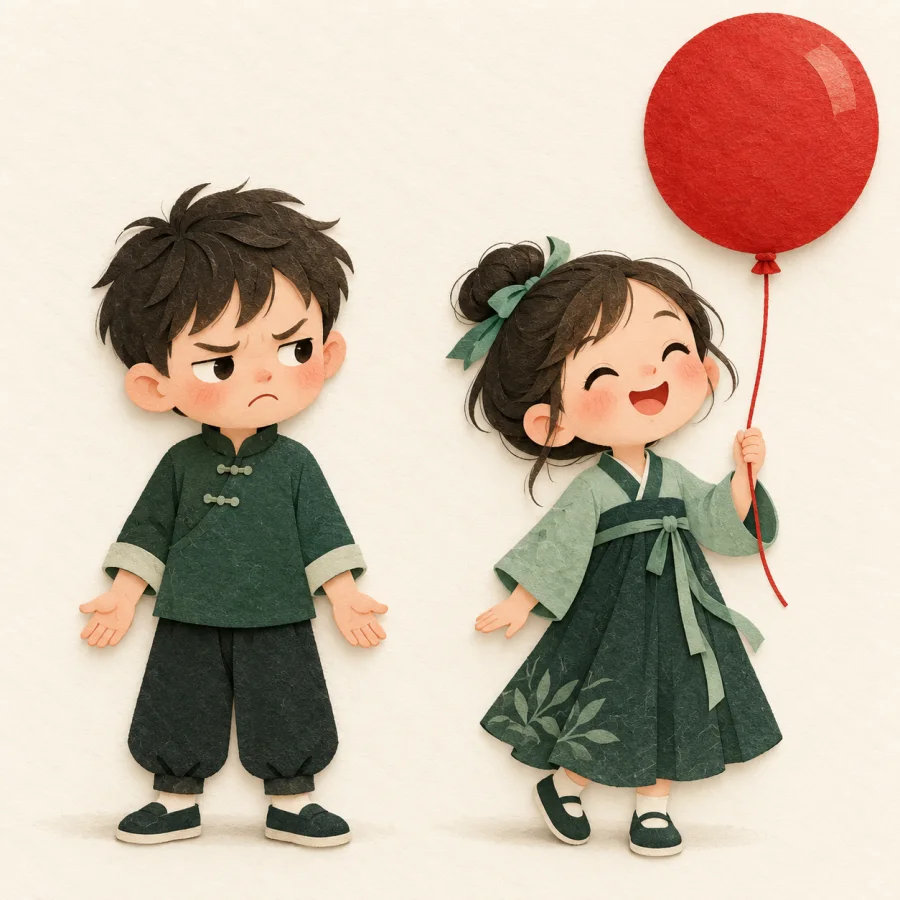 A frowning child glances sideways at a friend with a red balloon