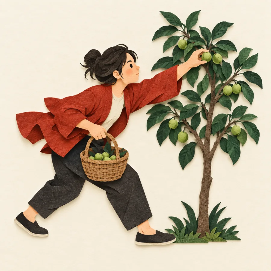 A hurried person snatches unripe fruit from a young tree