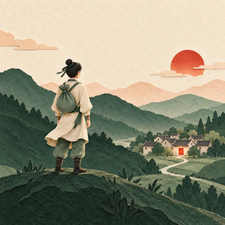 A traveler with a bundle looks from a hill at a distant village