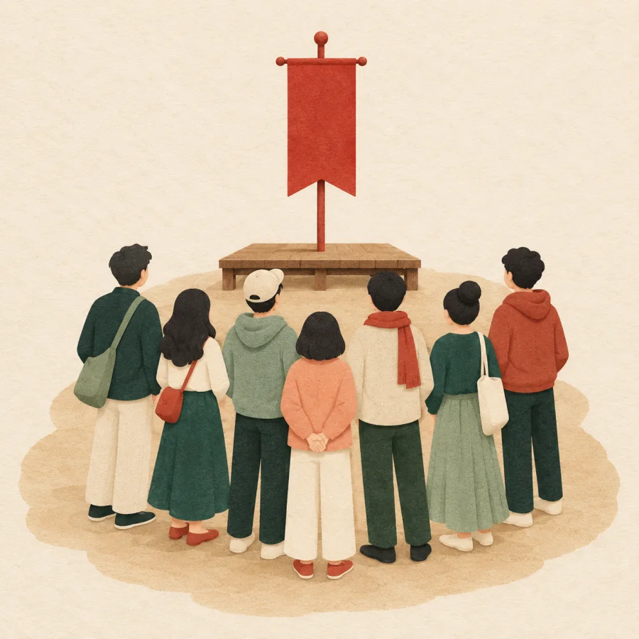 People stand close together in a square facing a small platform