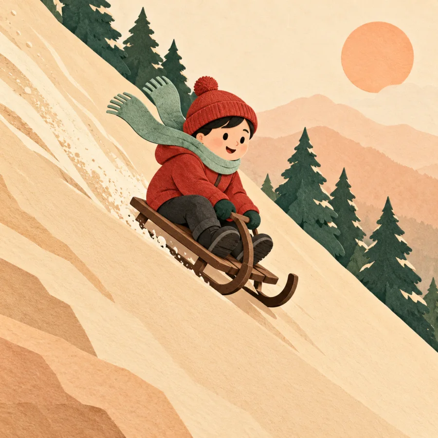 A sled with a person speeds down a very steep slope