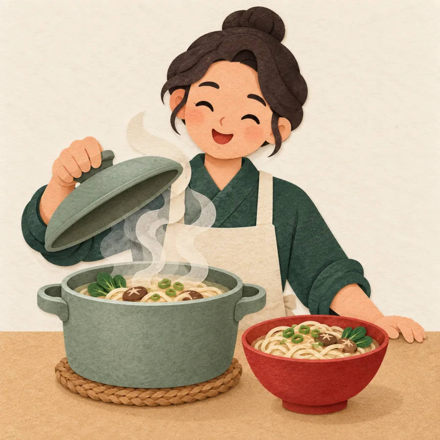 A person lifts a pot lid, a finished bowl of noodles beside it