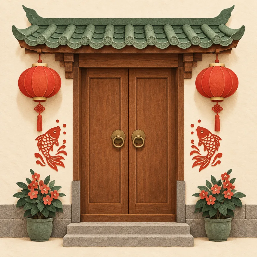 A house door framed by two red lanterns