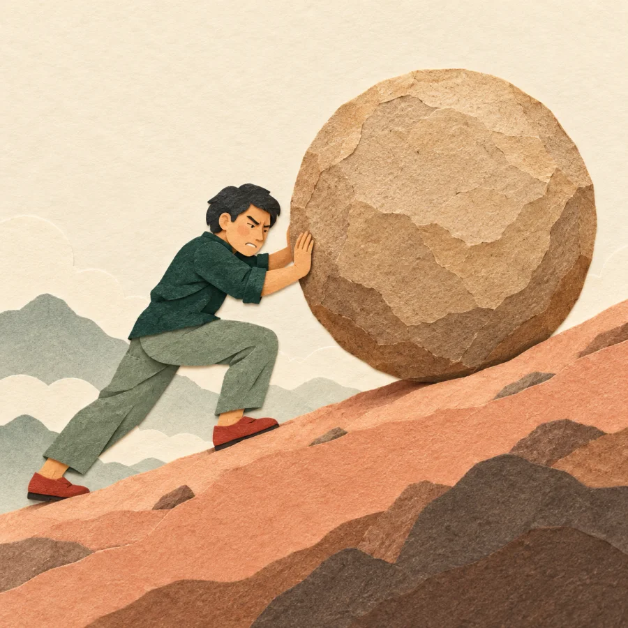 A person pushes a big round boulder uphill with all their might
