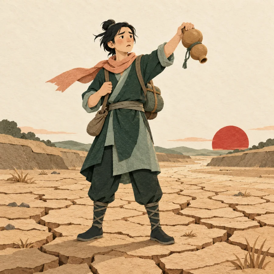 A traveler holds an empty flask upside down in a dry riverbed