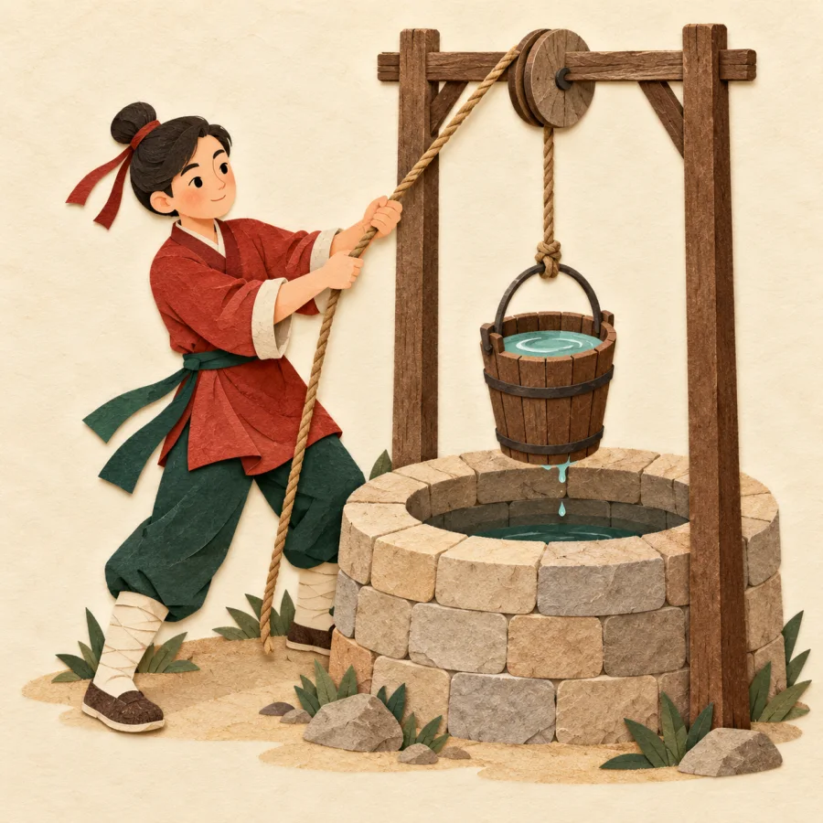 A person pulls a bucket of water up from a stone well