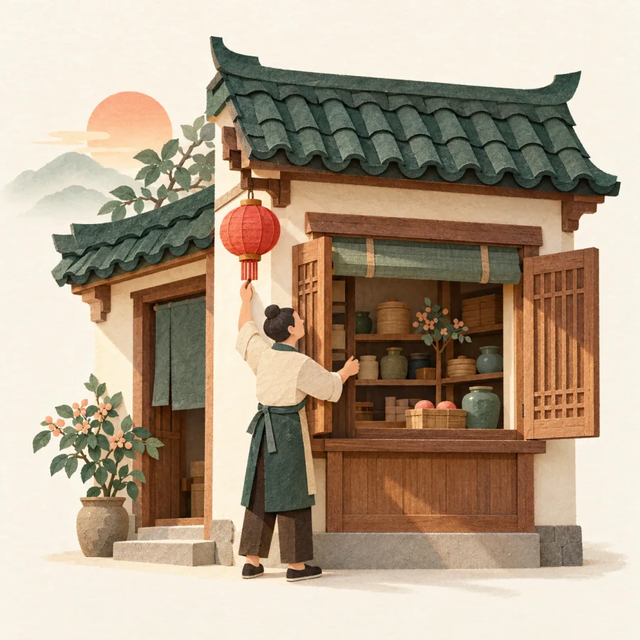 A shopkeeper hangs a red lantern and opens the shop shutters