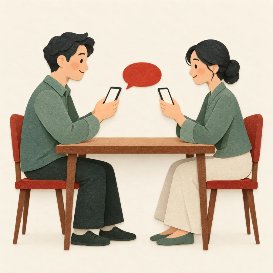 Two people with phones, a message bubble flying between them