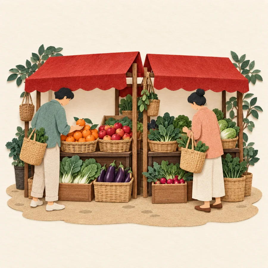 Market stalls with baskets of fruit and vegetables, two shoppers