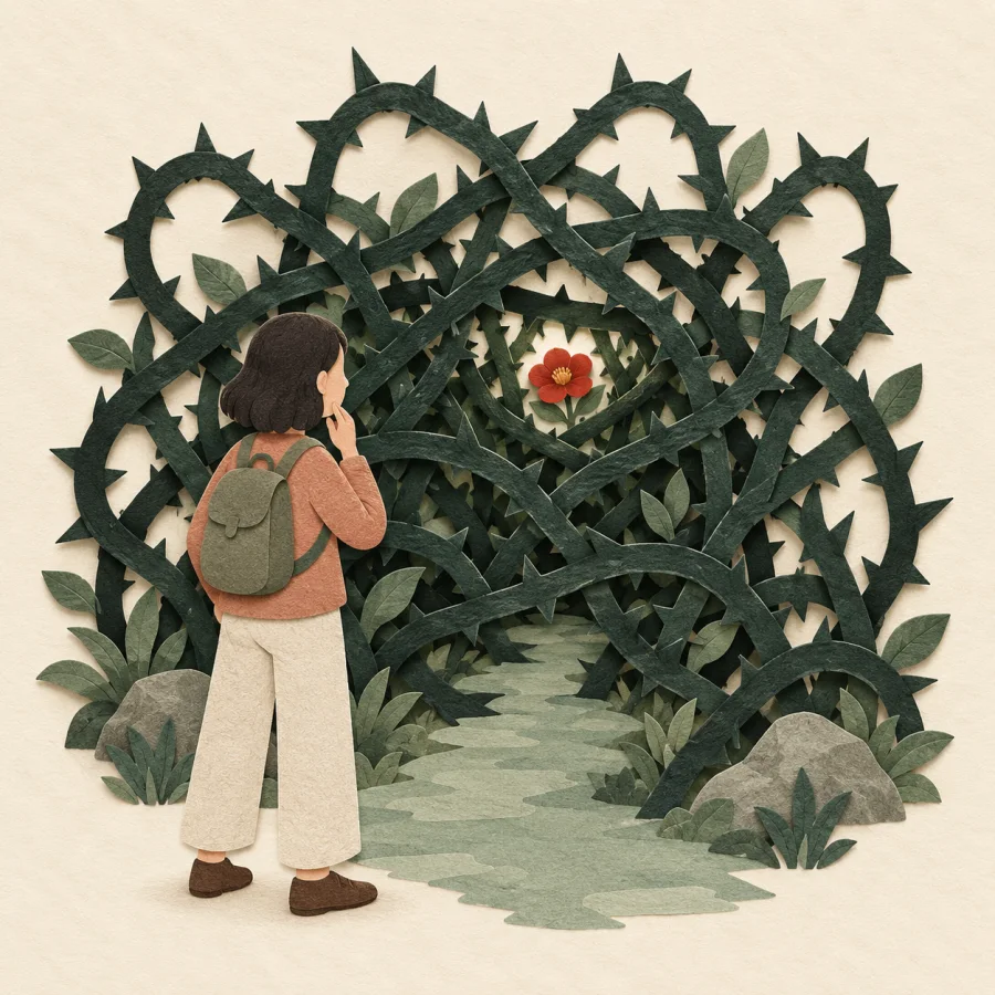 A puzzled person faces thorny bushes blocking a path