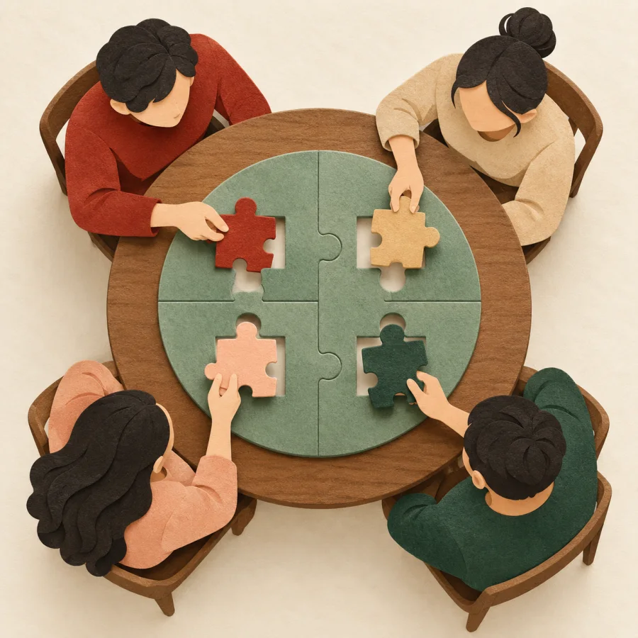 Four people at a round table assemble one big puzzle