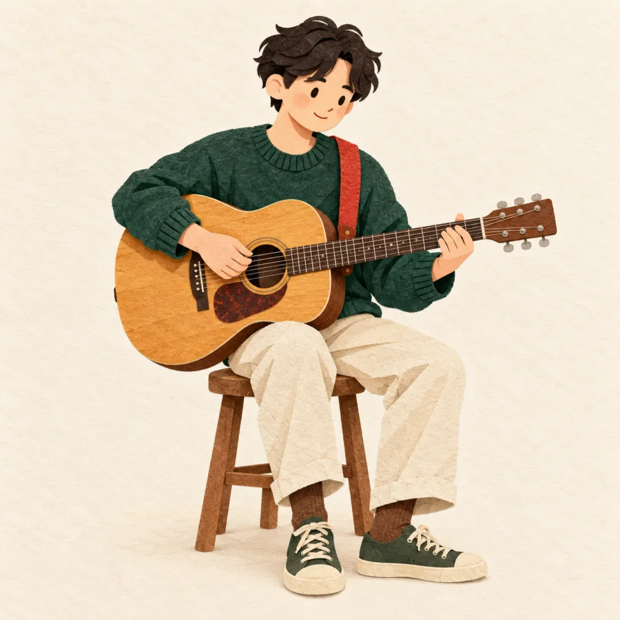 A person sits on a stool playing a wooden guitar