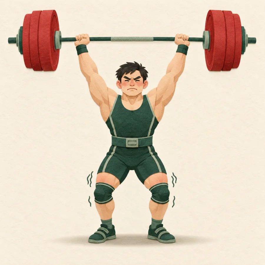 A weightlifter trembles under a very heavy barbell