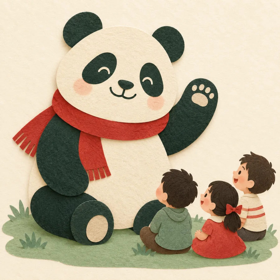 A round panda in a red scarf waves at children
