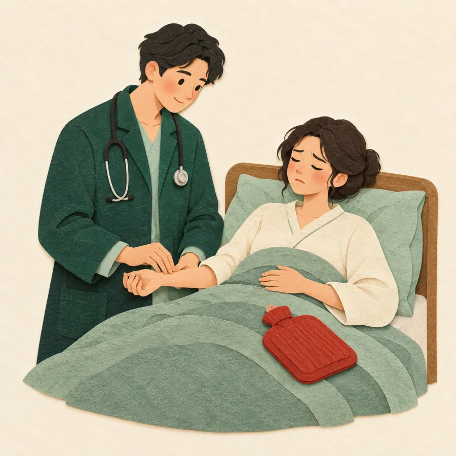 A doctor holds a patient's wrist; the patient lies clutching their stomach
