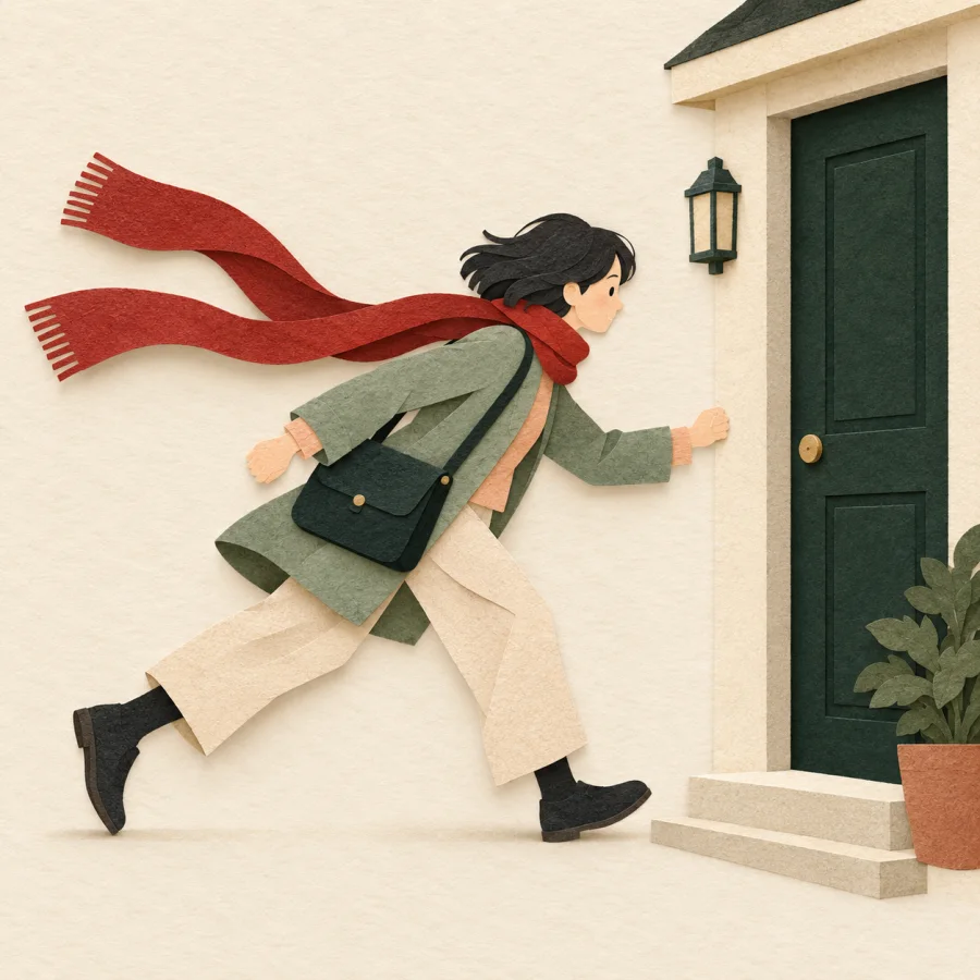 A person with a bag hurries toward a house, scarf flying