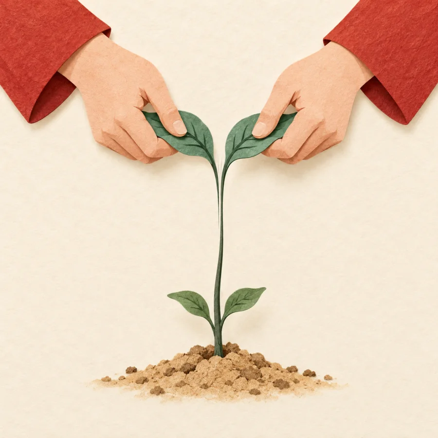 A person pulls a seedling up by its leaves, the stem stretched thin