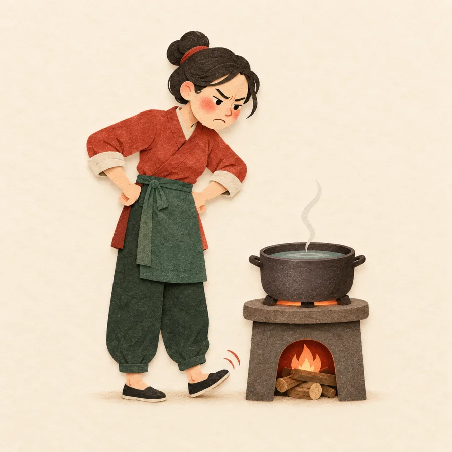 A frowning person taps a foot beside a pot that hasn't boiled