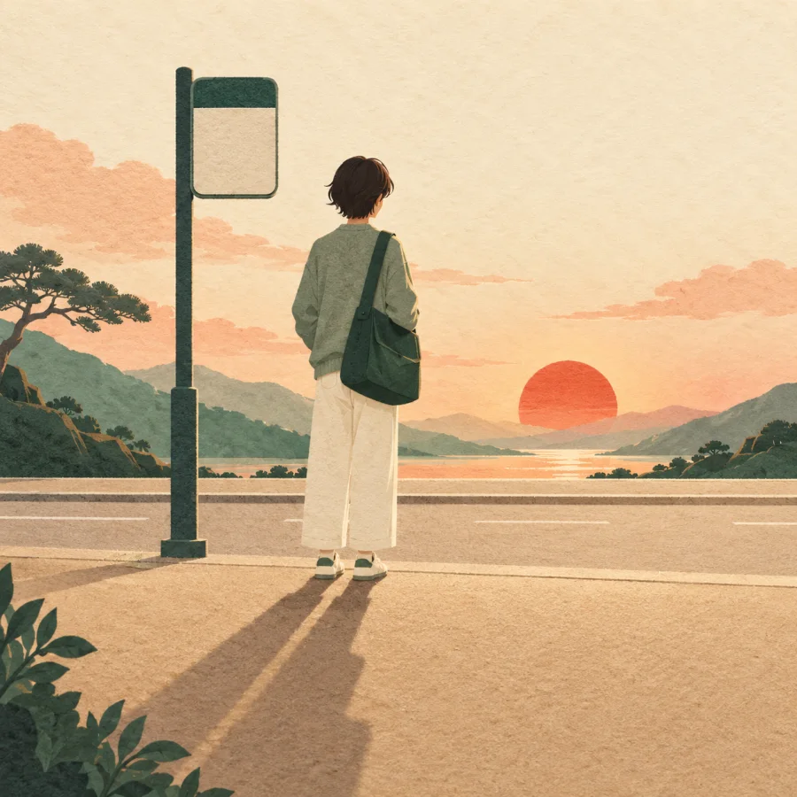 A person already waits at a bus stop at sunrise on an empty road