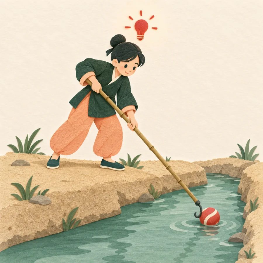 A person fishes a ball out of a ditch with a bamboo pole