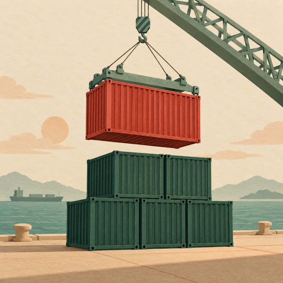 A crane lowers a red container onto a stack of green ones