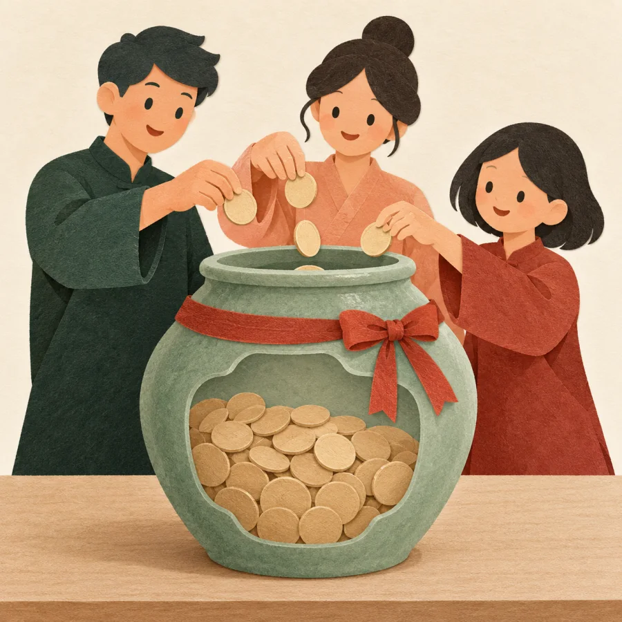 People drop coins into a big jar on a table