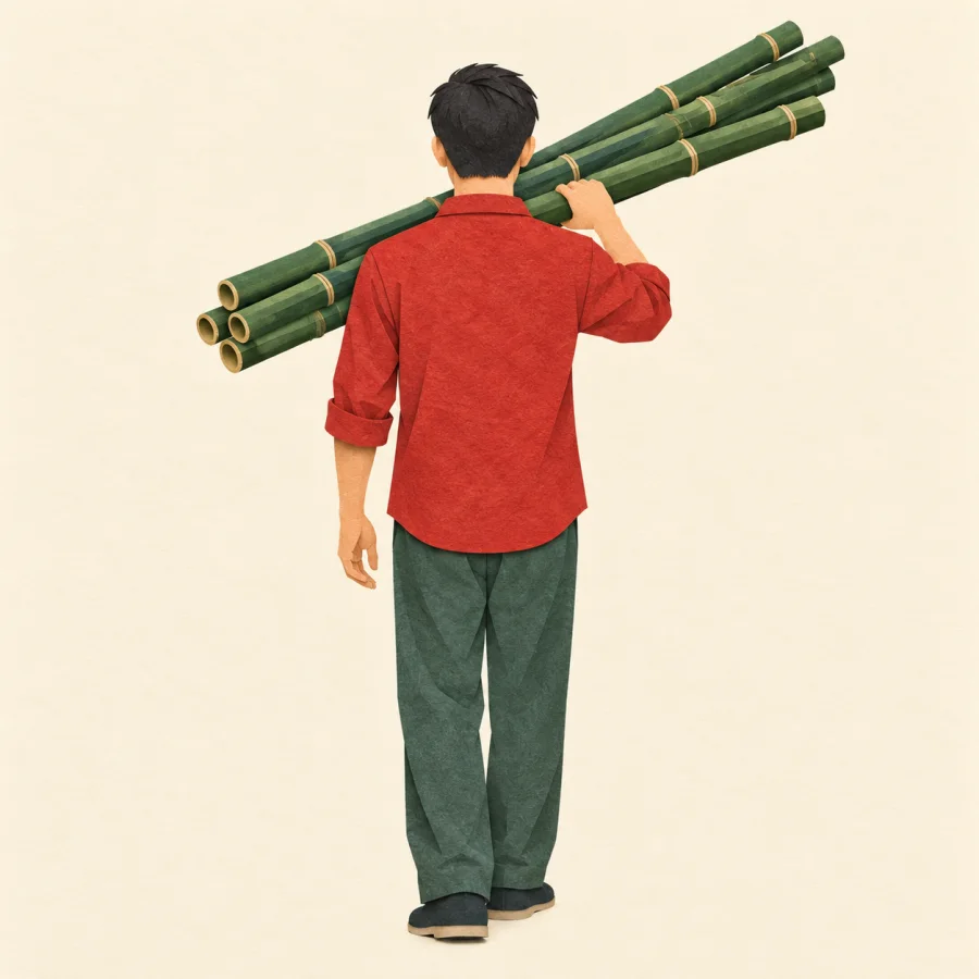 A person seen from behind stands straight carrying bamboo poles