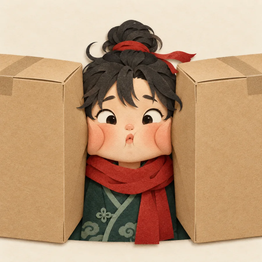 A person squeezed between two big cardboard boxes