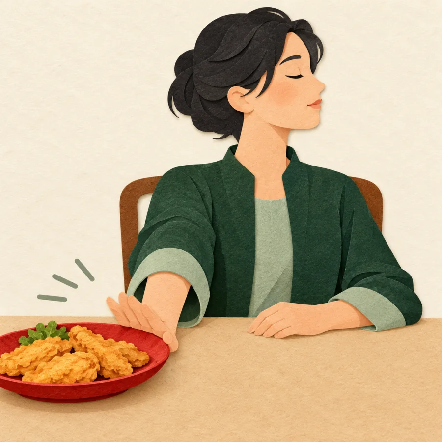 A person pushes away a plate of fried food and turns away
