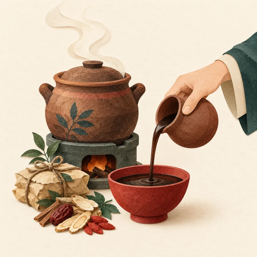 A person pours dark herbal liquid from a clay pot into a bowl