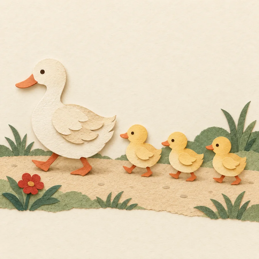 A mother duck leads three ducklings one after another along a path