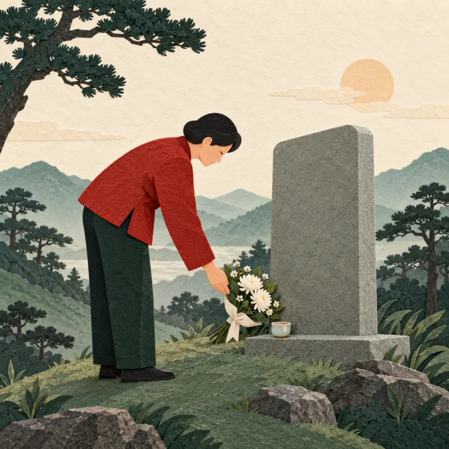 A person lays white flowers before a stone slab on a hillside