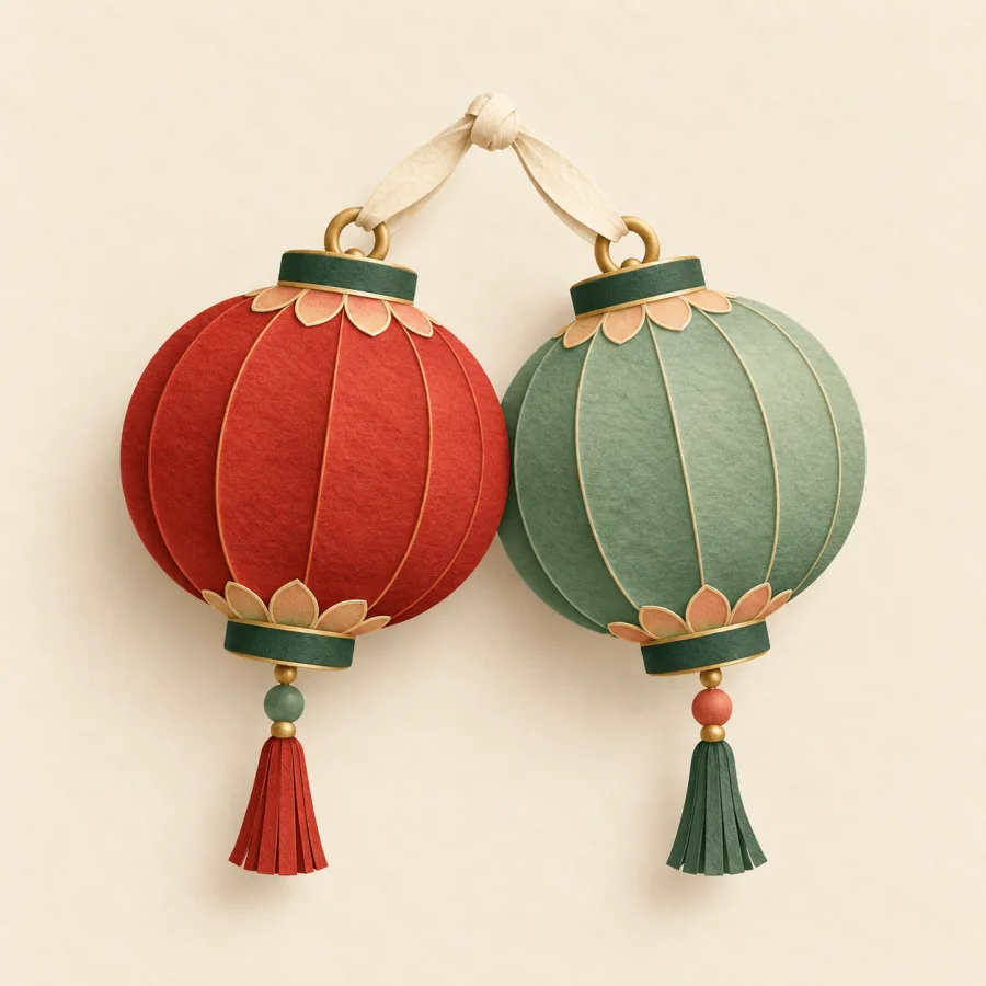 Two paper lanterns, red and green, tied together by a ribbon