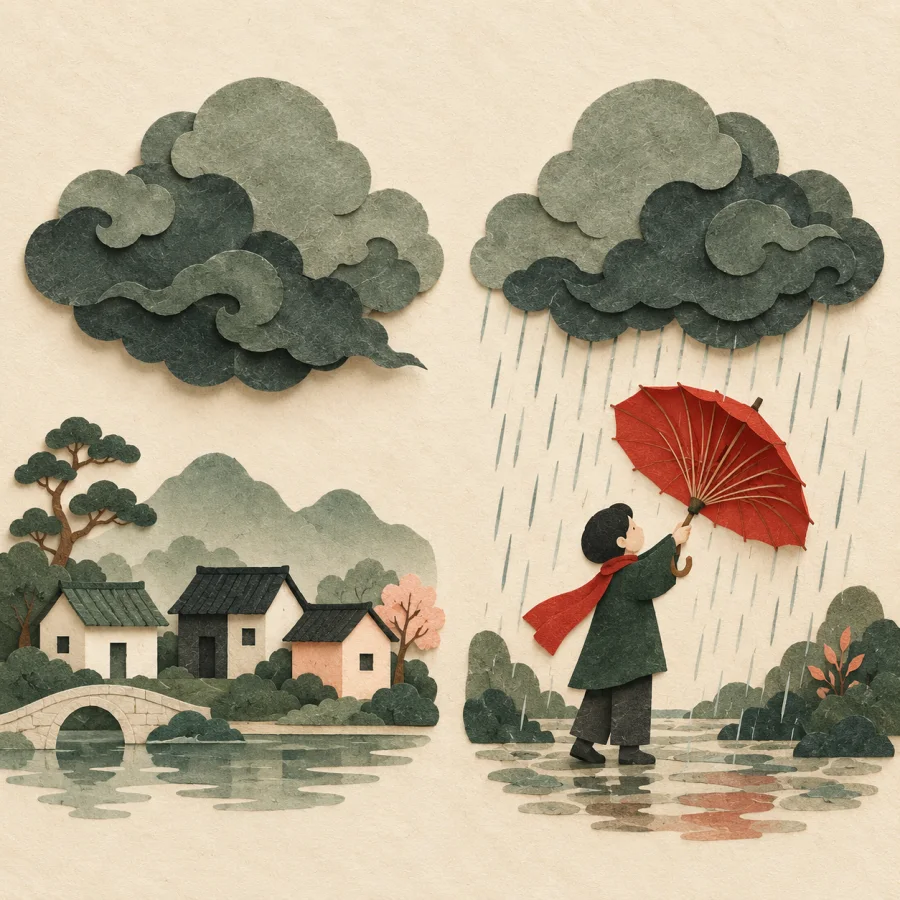 A grey cloud over a village, then rain and a person with a red umbrella