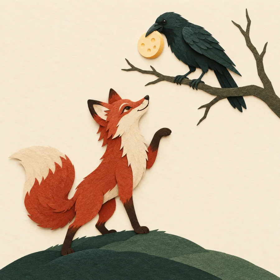 A fox stands under a tree where a crow holds a cheese