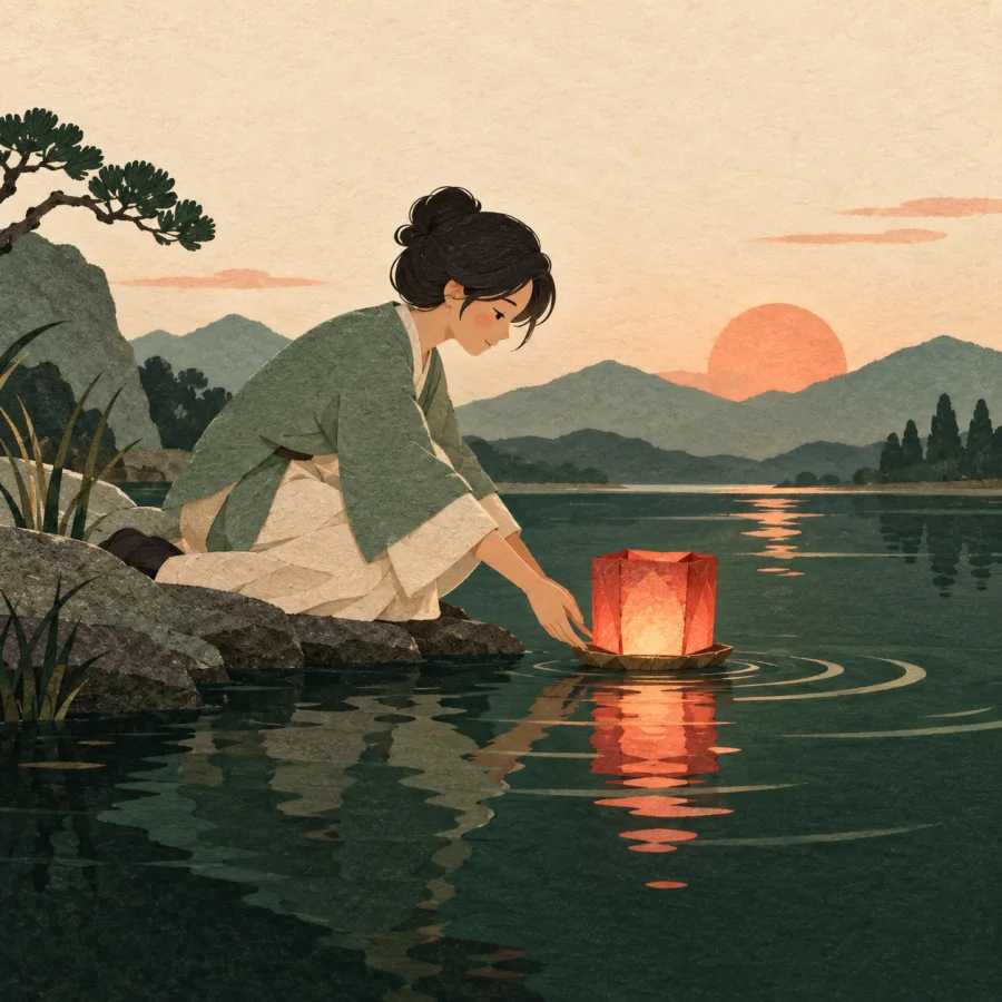 A person sets a red paper lantern afloat on water at dusk