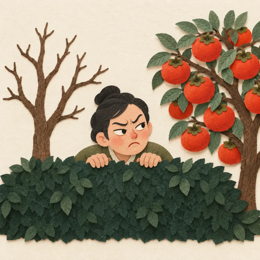 A person with a sour face looks over a hedge at a neighbour's tree