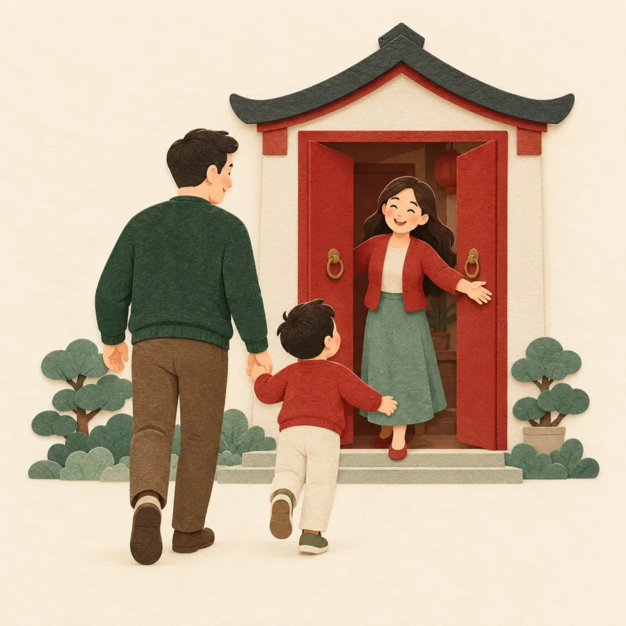 A man and a child walk hand in hand to a house where a woman waits