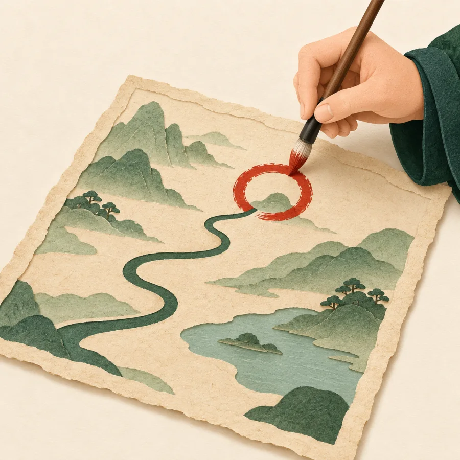 A person paints a red circle on a map with a brush