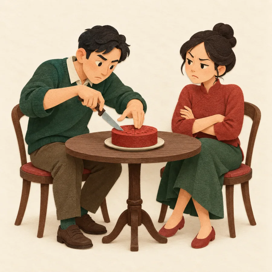 Two people at a table argue over how to split a small cake