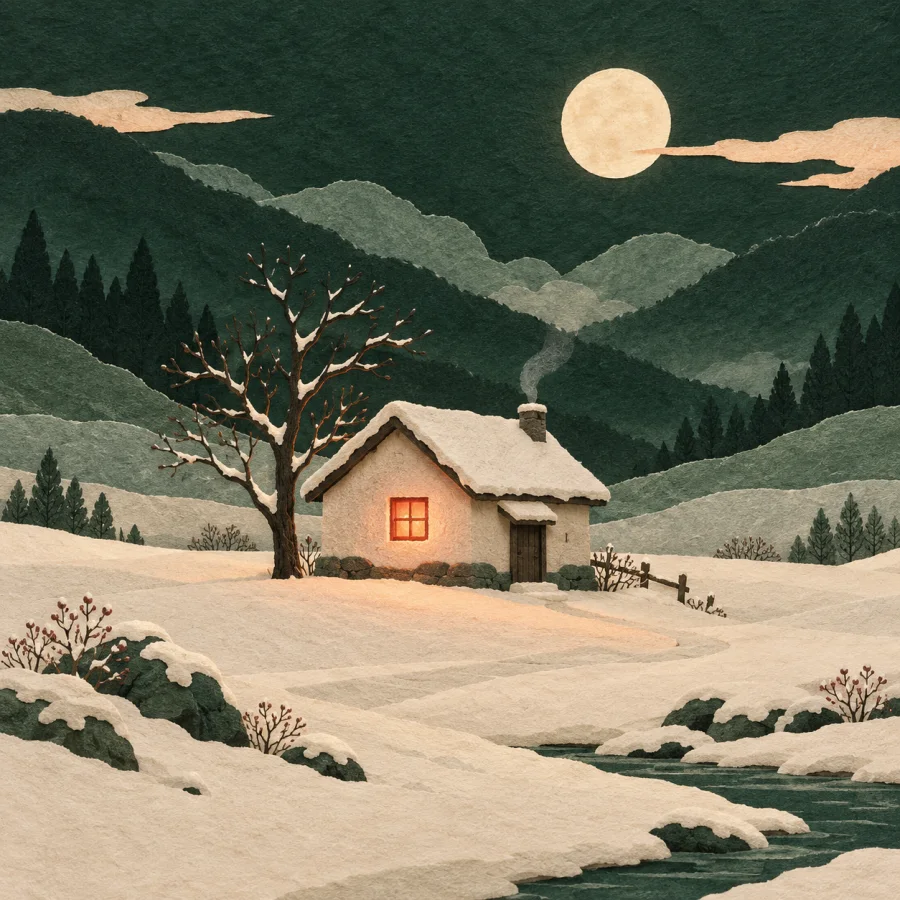 A lone house with a lit window in a snowy valley