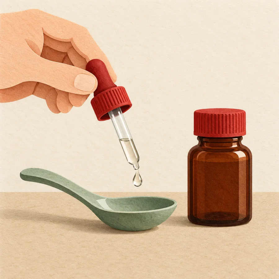 A drop falls from a dropper into a spoon beside a bottle